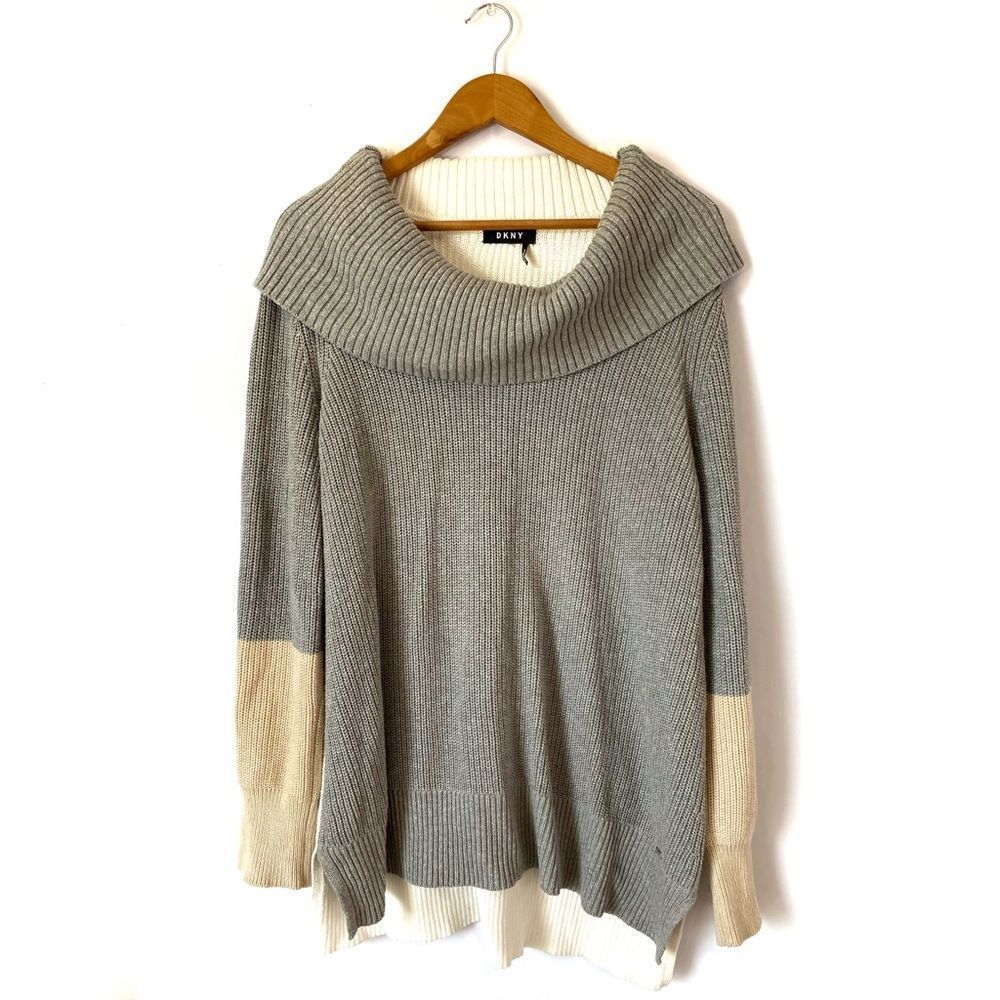 DKNY Cowl Neck Cozy Long Gray Ivory Color-block Sweater